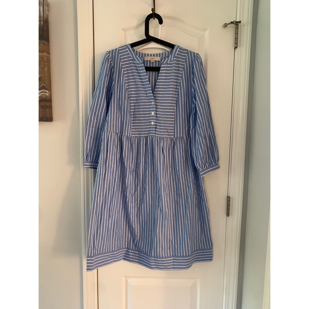 LOFT Blue White Striped Cotton Poplin V-Neck Empire Waist Shirt Dress Small